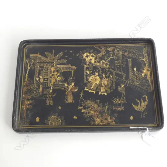 BLACK AND GOLD LACQUER TEA HOUSE TRAY, WITH CALLIGRAPHY UNDER THE BASE 