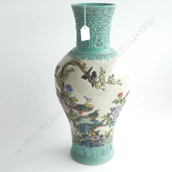 LGE CHINESE MEIPING VASE w RAISED DECORATION, IMPRESSED QINGLONG SEAL MARK UNDER BASE. H.440mm