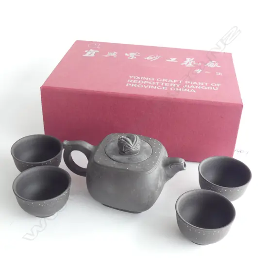 YIXING POTTERY TEAPOT & 4 CUPS BOXED