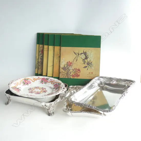 VICTORIAN FOOTED DISH, O.S.P. CHAFING DISH, 8 ORIENTAL PLACEMATS 335x240mm