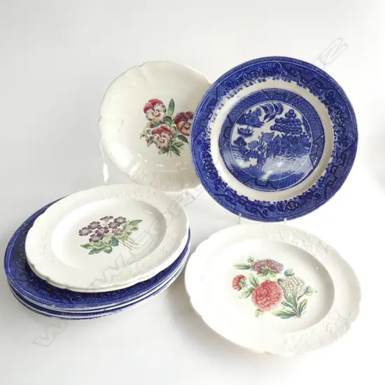 9 PLATES; 5 OLD B/W WILLOW PLATES 265mm dIa + 4 SPODE 