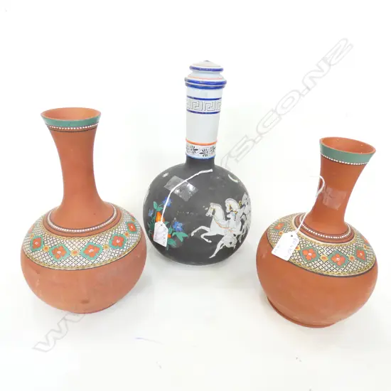 3 GREEK TERRACOTTA VASES; PAIR & BLACK H.300mm