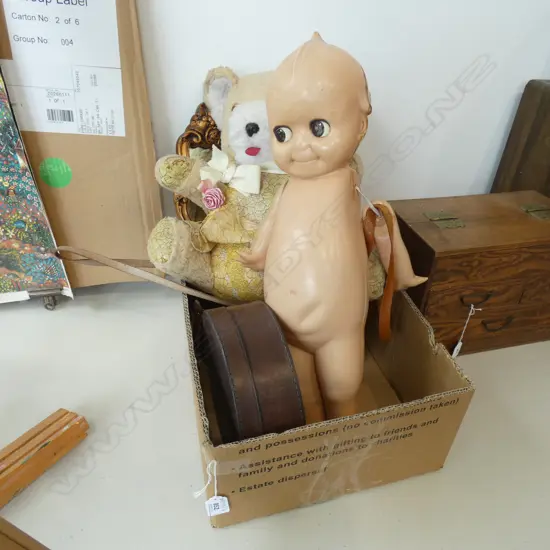 BOX LOT KEWPIE DOLL, KOALA, MIRROR, BINOCULARS, COLLAR BOX, CAMERA