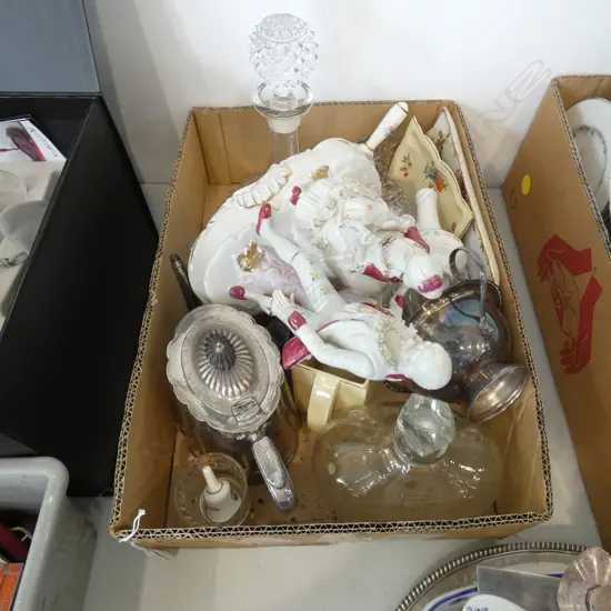 BOX LOT PRESSED GLASS SHIPS DECANTER, ASST. CHINA & CRYSTAL