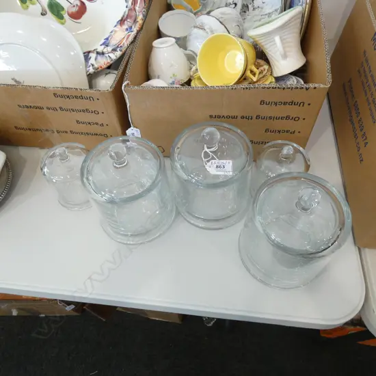 5 LIDDED GLASS SPECIMEN JARS H.170mm