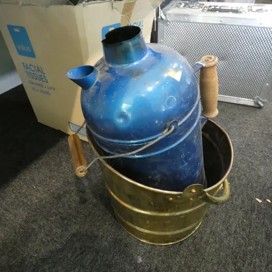 BRASS COAL BUCKET 300mm dia + LARGE BLUE METAL JUG