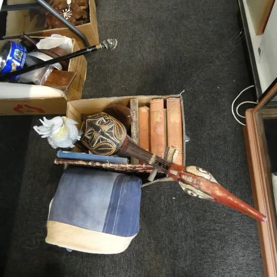BOX LOT ANTIQUE BOOKS, STRINGED INSTRUMENT, PLASTIC BIRD, MASKS. CANVAS NZ FLAG ETC