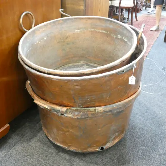 3 VERY LG OLD COPPER GARDEN POTS - LARGEST DIA. 685MM ...DAMAGE TO TOP OF ONE POT