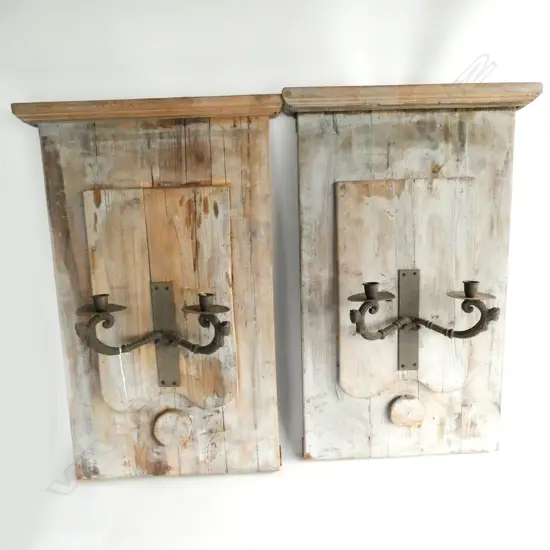 PAIR OF WOOD AND METAL CANDELABRA