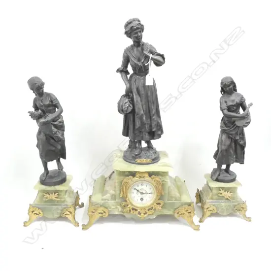3 PCE CLOCK GARNITURE GREEN ONYX WITH SPELTER FIGURES c1860. WRIGHT’S ANTIQUES. 11/2/1998 ($3,250)  