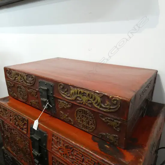 VINTAGE RED LACQUERED LEATHER CHINESE TRUNK...