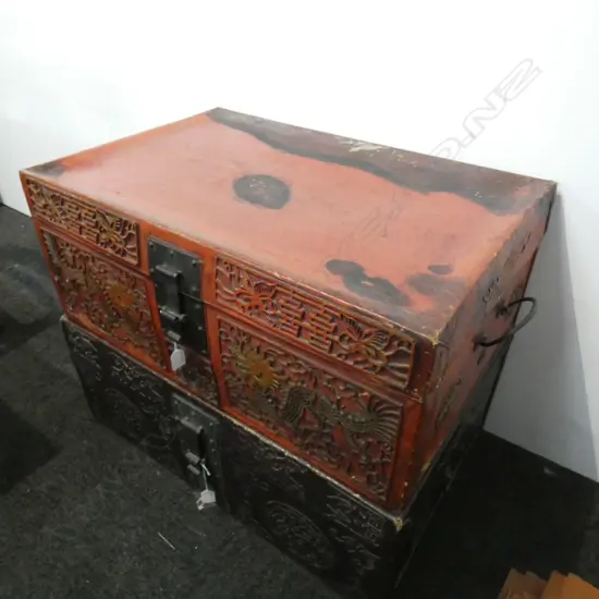 VINTAGE RED LACQUERED LEATHER CHINESE TRUNK...