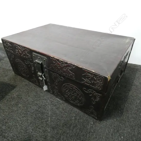 VINTAGE MAROON RED LACQUERED LEATHER CHINESE TRUNK...
