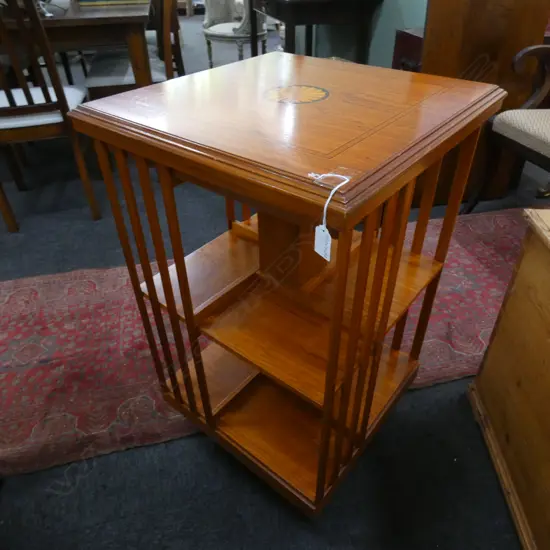 AN EDWARDIAN STYLE SATIN WOOD INLAY REVOLVING BOOKCASE H. 810 mm