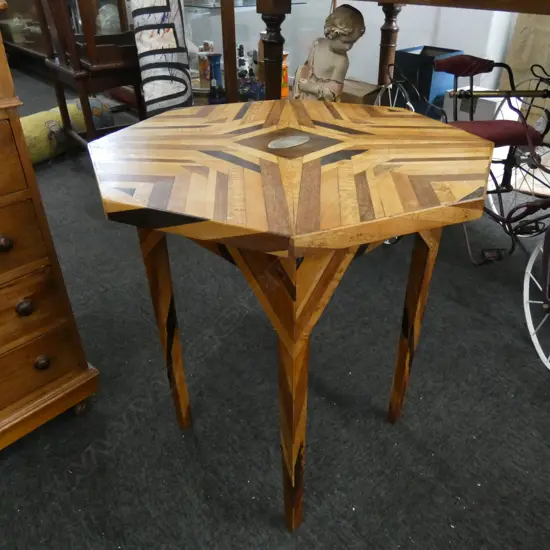 OCTAGONAL INLAID N.Z TIMBERS SIDE TABLE WITH STG PLAQUE WTG RUGBY LEAGUE D 590 MM