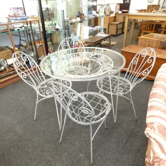GLASS TOPPED METAL OUTDOOR TABLE 915mm dia & 4 CHAIRS