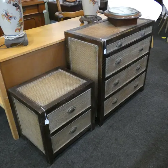 CANE AND WOOD CHEST OF DRAWERS AND MATCHING BEDSIDE TABLE