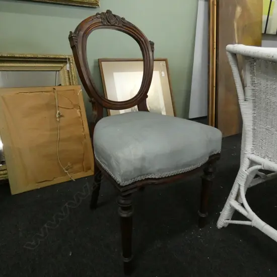 VICTORIAN BALLOON BACK CHAIR BLUE SATIN UPHOLSTERY