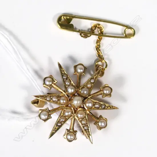 ANTIQUE 15CT GOLD & PEARL STARBURST BROOCH 4.49gm