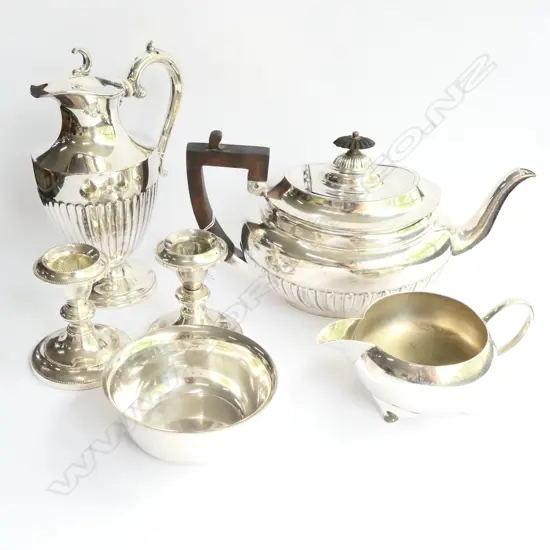 PR OF EP CANDLE STICKS PLUS EP TEAPOT, MILK & SUGAR BOWL ETC