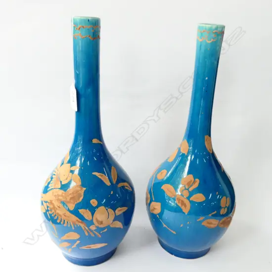 PR OF BLUE GLAZE ORIENTAL VASES WITH OVER PAINTED DECORATION H 370 M
