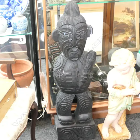 CARVED WOODEN MAORI FIGURE 970MM H