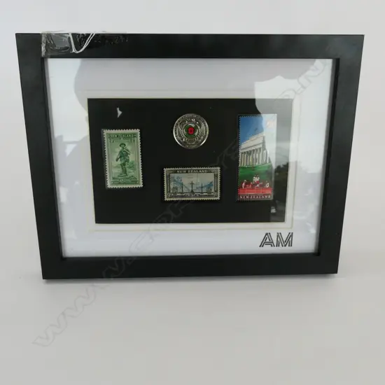 FRAMED NZ STAMP AND COIN COLLECTION 220 X 170MM 