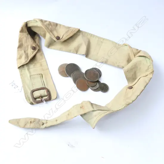 ARMY BELT WITH ASST BADGES AND COINS