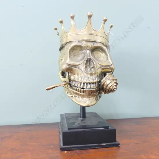BRONZE SKULL WITH ROSE AND CROWN ON STAND 480MM H