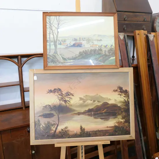 2 ARTWORKS; FRANCES GAIR PRINT, OIL ON BOARD LANDSCAPE 960 X 670MM