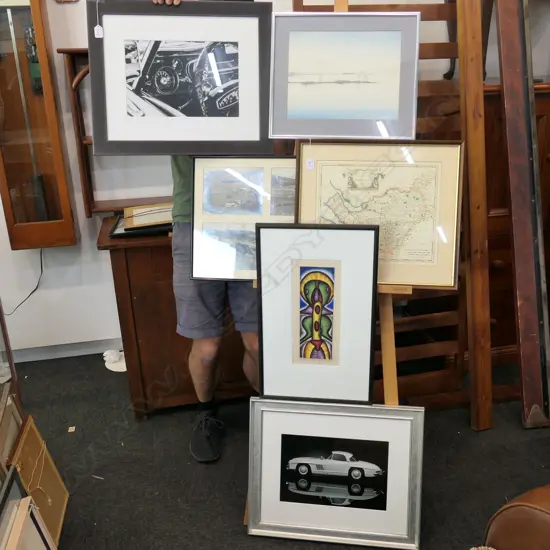 6 ARTWORKS; PR CAR PHOTOGRAPHS, MAP OF CHESTER, 4 FRAMED B/W FARM PHOTGRAPHS, W/C AND ABSTRACT OIL