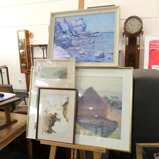 4 ARTWORKS; MONET HAYSTACK, BEACH SCENE, ASIAN STRAW PICTURE, W/C