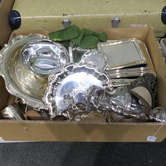 BOX OF ASSORTED SILVER PLATE