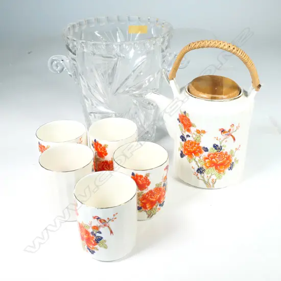LEAD CRYSTAL ICE BUCKET, H.180MM & EATAKE FLORAL BONE TEAPOT & 4 CUPS