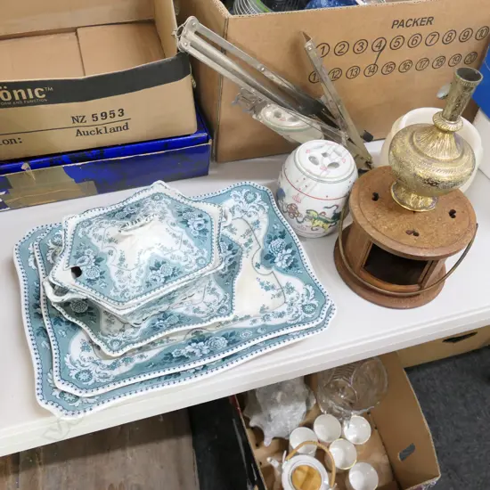 BOX LOT VICTORIAN CERAMICS, MUSIC STAND, ASIAN VASE, ALABASTER POT ETC