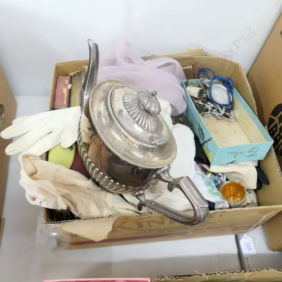 BOX LOT PRAYER BOOKS, BIBLES, GLOVES, JEWELRY ETC