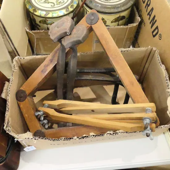 BOX LOT FIREDOGS, TENNIS RACKS ETC