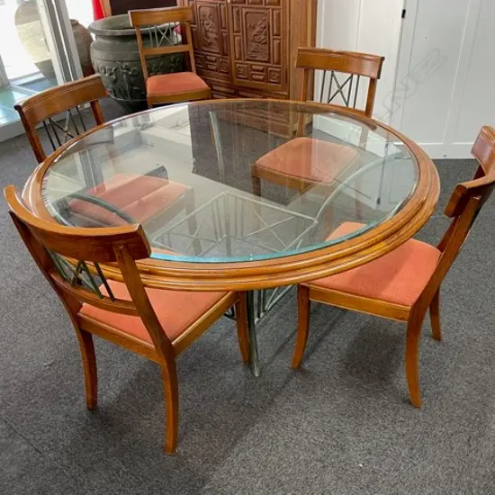 NZ MADE GLASS, METAL AND OAK DINING TABLE + 6 CHAIRS