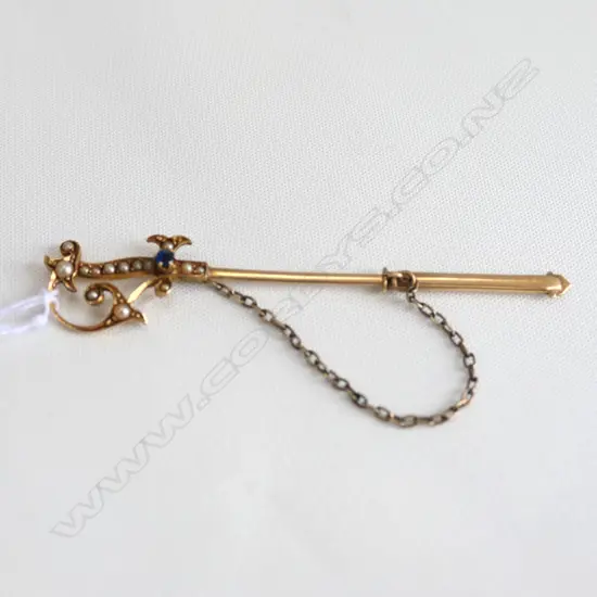 15CT STICK PIN SWORD WITH SEED PEARLS AND SAPPHIRE