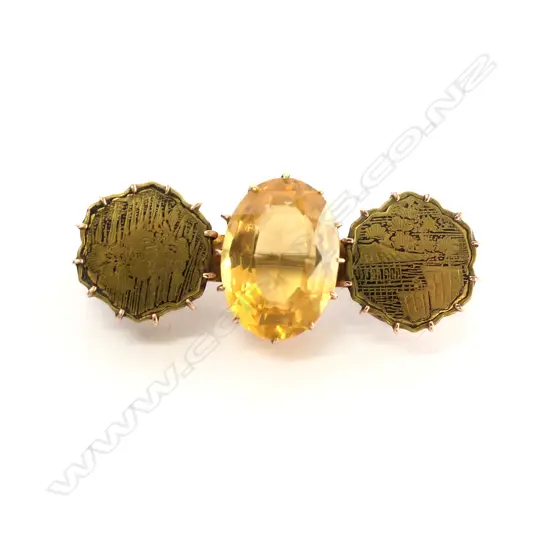 ANTIQUE 9CT GOLD CITRINE & DAMASCENE BROOCH
