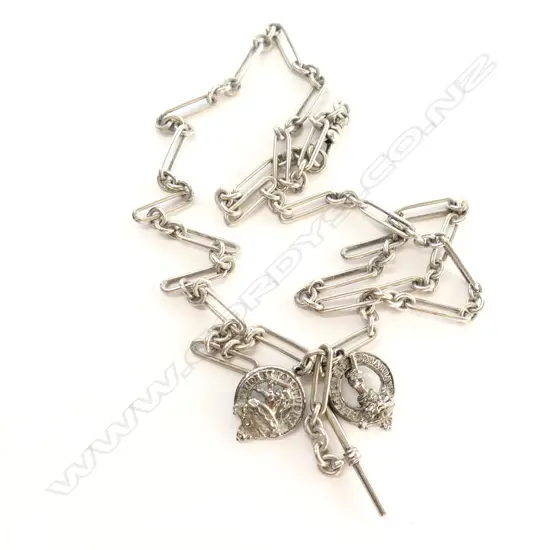 LONG SILVER FOB CHAIN WITH TWO SCOTTISH FOBS 58.83gm