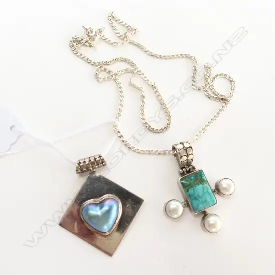 SILVER TURQUOISE PEARL PENDANT AND CHAIN PLUS SILVER AND PEARL HEART PENDANT
