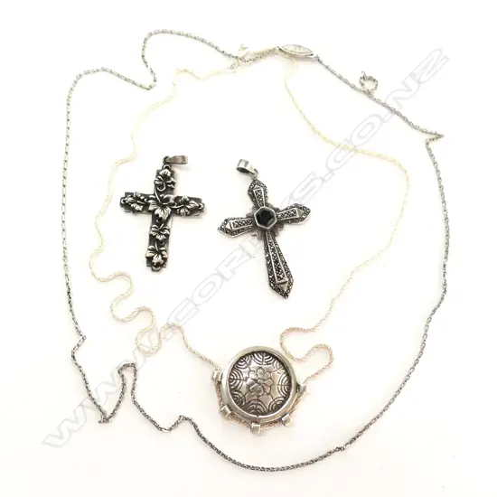 TWO SILVER CROSS PENDANTS/SNOWFLAKE PENDANT & CHAIN PLUS ANOTHER CHAIN