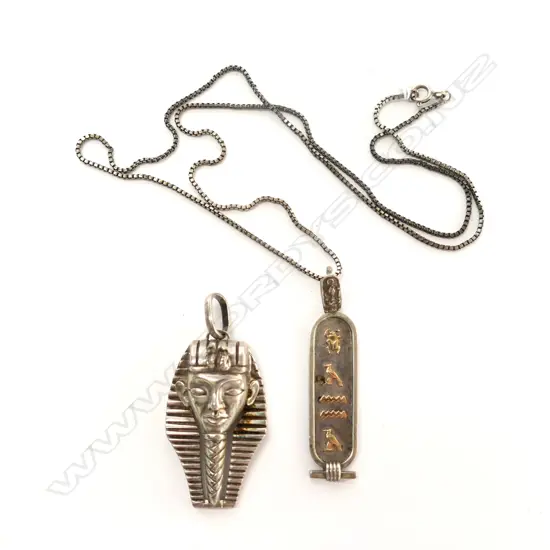 TWO SILVER PENDANTS - EGYPTIAN THEMED ONE WITH CHAIN