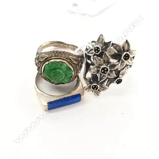 CHINESE SILVER  JADE RING & TWO OTHER SILVER RINGS