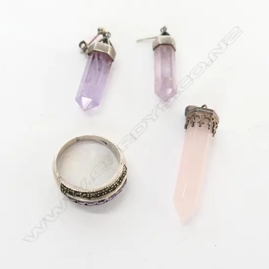 SILVER AND AMETHYST QUARTZ PENDANT/EARRINGS/RING SET