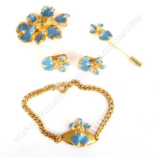 GOLD DIPPED ORCHID SET; BRACELET, BROOCH, PIN & CLIP ON EARRINGS