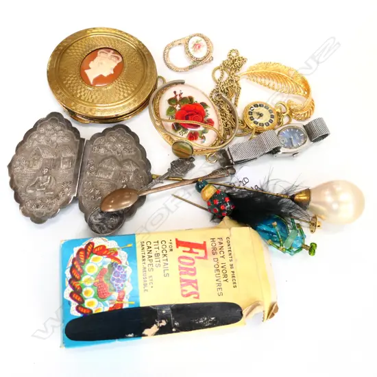LOT COSTUME JEWELLERY INCL HAT PINS, WATCHES ETC + FAUX IVORY HORS D'OEUVRES FORKS ETC 