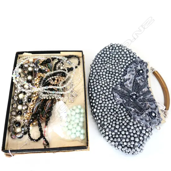 LOT DIAMANTE + BEAD COSTUME JEWELLERY + EVENING BAG