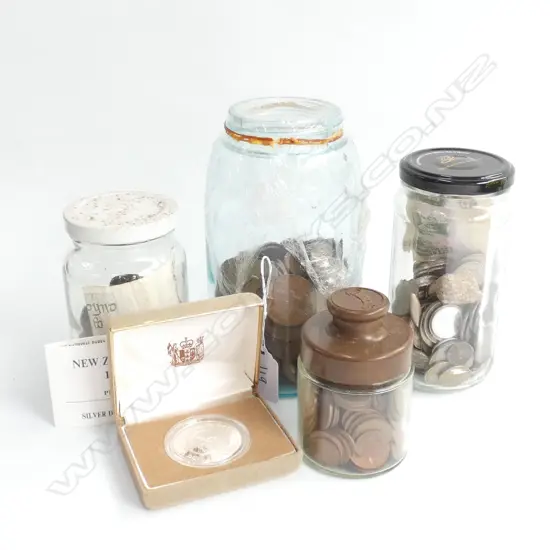 4 JARS OF COINS AND 1987 NZ PROOF DOLLAR